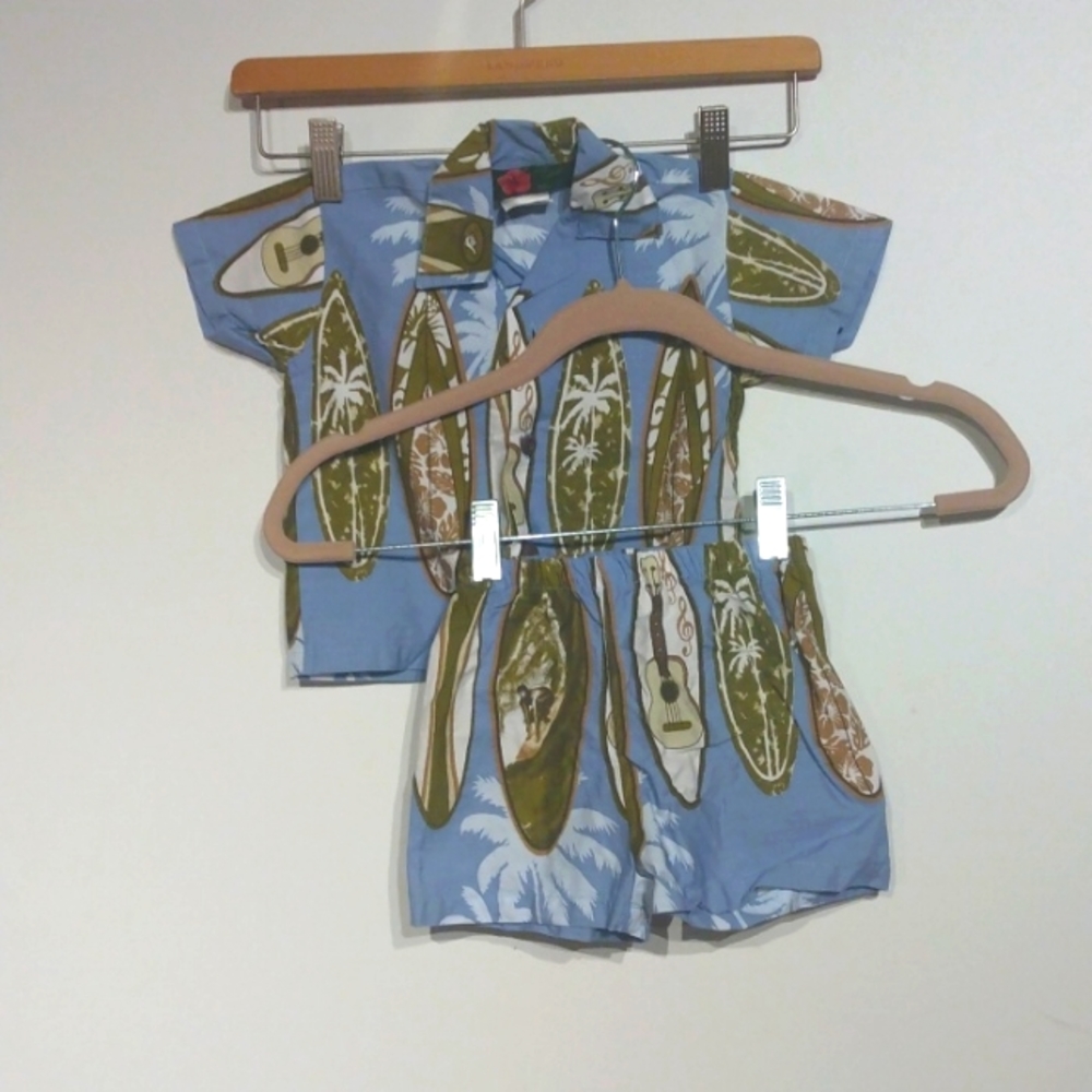 Vintage Hawaiian shirt and shorts set little boy size 6 months blue and brown